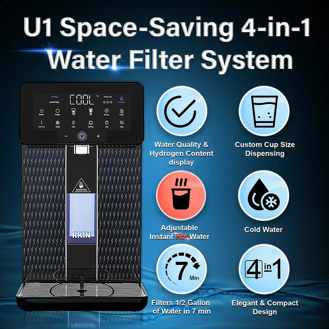 RKIN U1 Countertop Reverse Osmosis Water Filter and Hydrogen Water Machine with sleek design