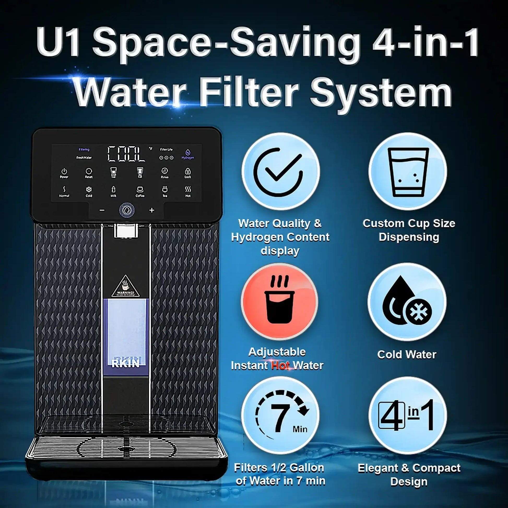 U1 Space-Saving 4-in-1 Water Filter System by RKIN with features including water quality and hydrogen content display, custom cup size dispensing, and more.