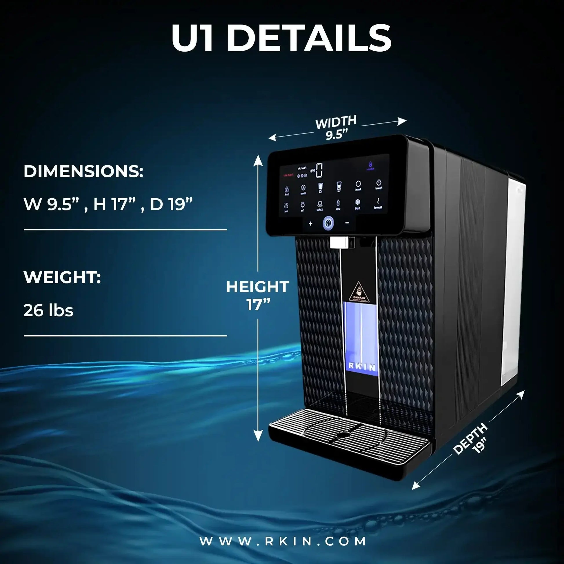 RKIN U1 Countertop Reverse Osmosis Water Filter and Hydrogen Water Machine with dimensions W 9.5", H 17", D 19", weight 26 lbs