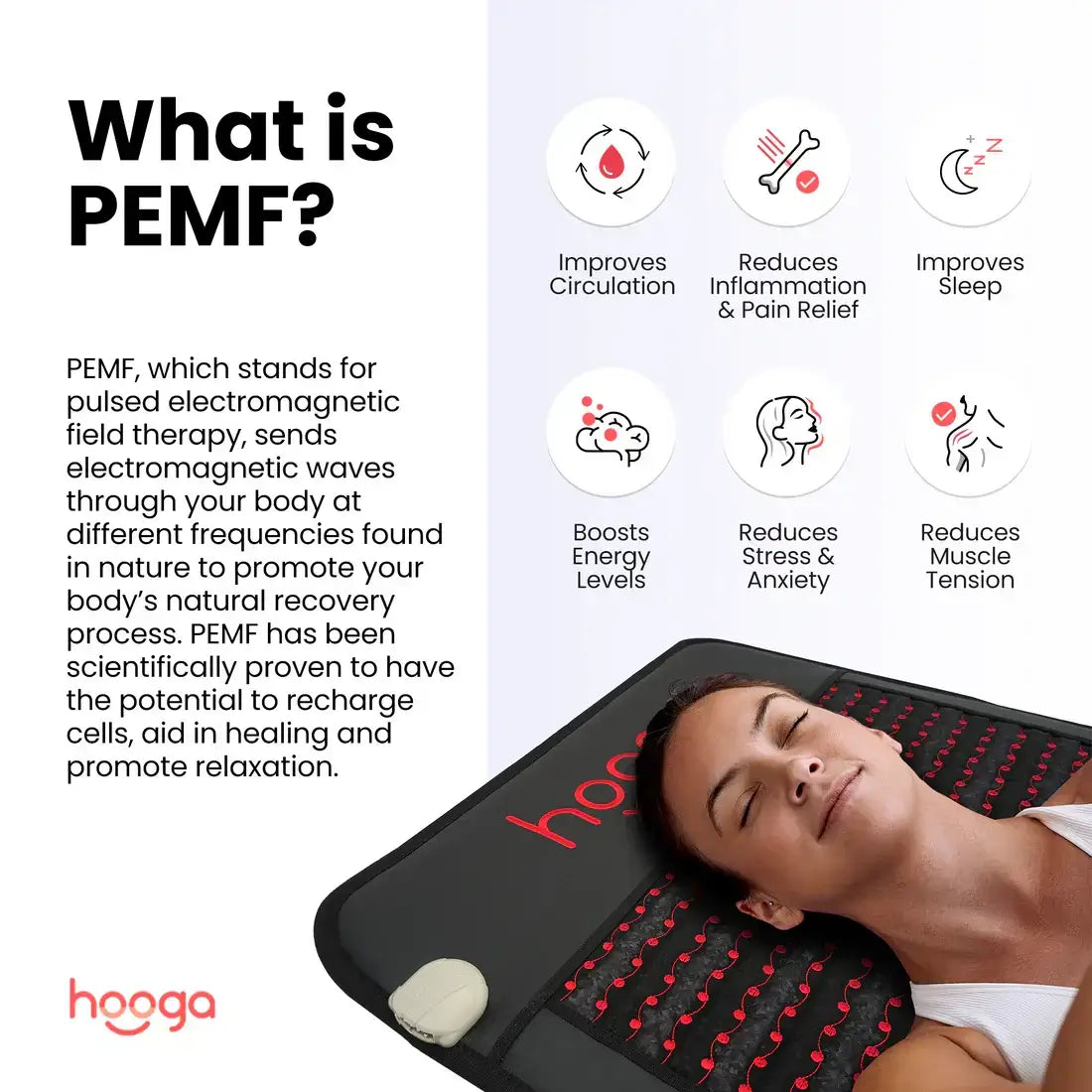 Hooga Full Body Infrared PEMF Mat for wellness therapy and relaxation.